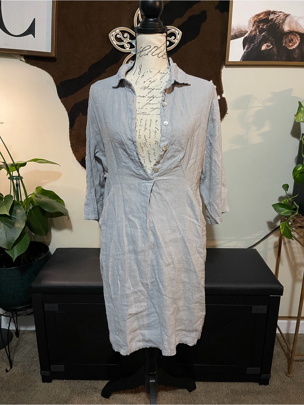 Light Gray Button-Front Linen Blend Dress - Women